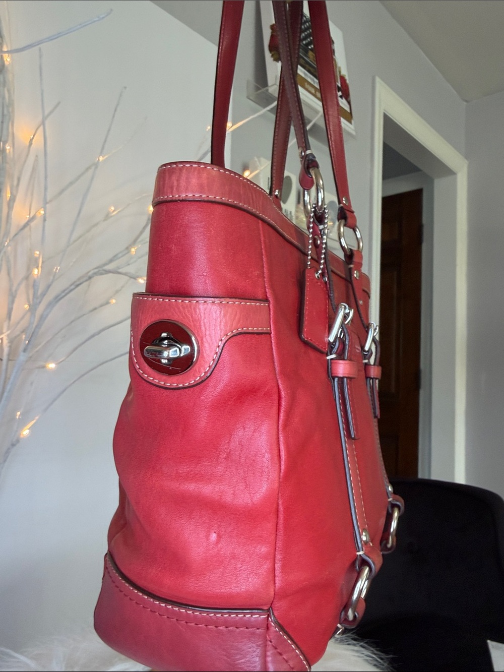 Coach Red Leather Shoulder Tote - Picture 3 of 10